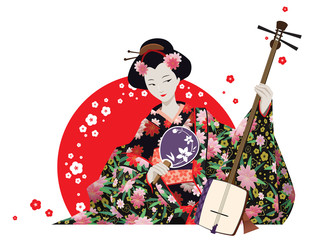 Attractive geisha in kimono is holding fan and shamisen with red sun and cherry flowers behind.