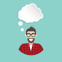 Cartoon portrait of a smiling man with beard and glasses. Adut caucasian male. Thought bubble cloud above his head. Vector illustration.