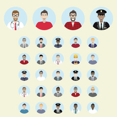 Set of vector man professionals portraits. Pilot, doctor, police man, business man, builder, office worker. 