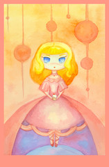 Greeting card with watercolor drawing of girl with cupcakes 