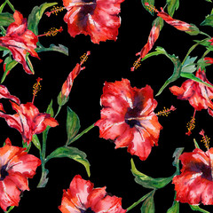 Seamless floral pattern, Red tropical hibiscus flowers, hand painted watercolor. Isolated on black background. Fabric texture.