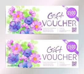 Gift voucher vector set beauty watercolor silver background. VIP backdrop pink flowers, for restaurant,  saloon, gallery, spa