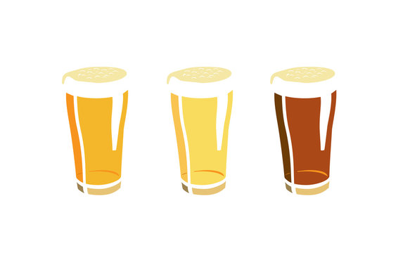 Flat vector image of three glasses of beers of different types