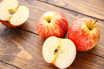 Apple on wooden table.