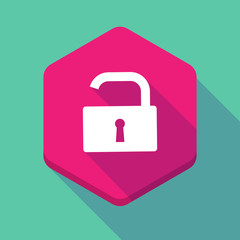 Long shadow hexagon icon with an open lock pad © jpgon