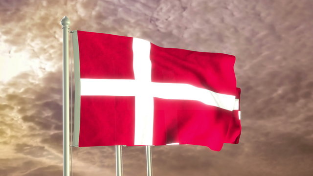 Three flags of Denmark waving in the wind (4K high detailed 3D render) with a dramatic sky in the background