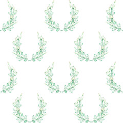 A seamless floral pattern with the wreaths of the tender green roses, painted in a watercolor on a white background