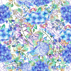 Fototapeta na wymiar A seamless floral pattern with the bouquets of blue Hydrangea flowers, blue roses and leaves, painted in a watercolor on a white background