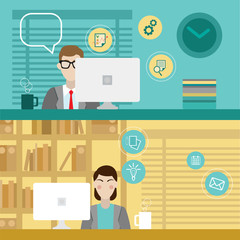 Business people, office workers on a work place. Man and woman in front of computer monitors. 