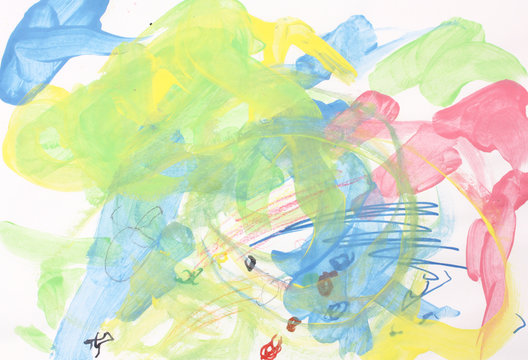 farbenfrohes Kinderbild, Fingerfarbe, Filzstift und Buntstift