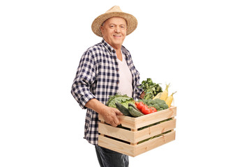 Mature farmer holding crate full of vegetables