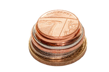 Stack of British Coins Isolated on White