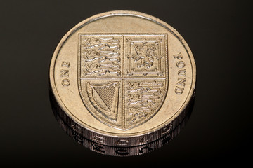 British Pound Coin on Black Reflective Background