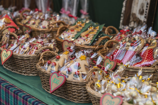 Gingerbread Hearts In Wicked Basket At Budapest Christmas Market