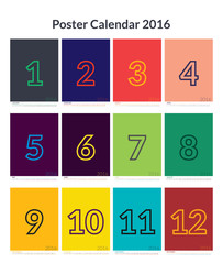 Poster Calendar for 2016, Simple Vector Template, Vector Design Print Template, Set of 12 Months
