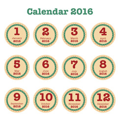 Desk Calendar for 2016. Simple Vector Template, Round shape design for calendar, Set of 12 Months
