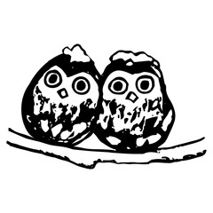 Two owls. Sitting on a branch in winter (abstraction)