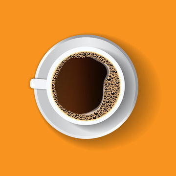Coffee in a white cup, view from above, overhead perspective, straight overhead point of view. Menu illustration, banner, flyer. 