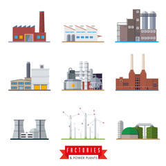 Factories and power plants vector icons