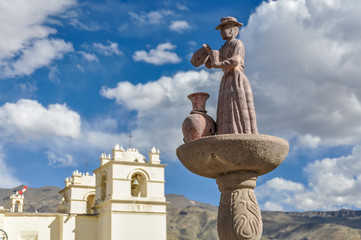 Colonial church and statue in the Colca Canyon, Peru