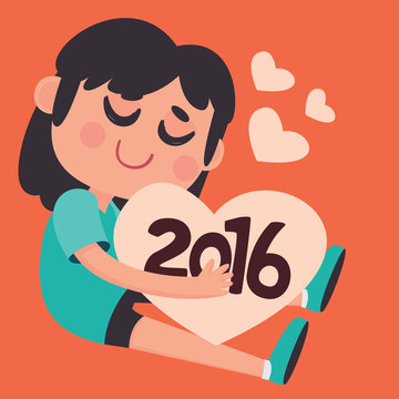 Cute Girl Hugging the Upcoming New Year 2016