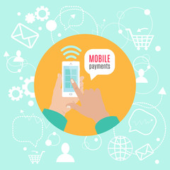 Hands holding smart phone, touching the screen. Mobile payments. Vector illustration.