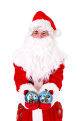 Santa Claus holding blue christmas toys balls in hands. Closeup Portrait. Isolated on White Background. Xmas Concept