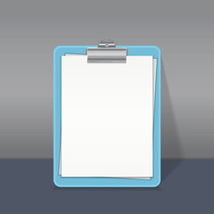 Clipboard with an empty paper sheet. Template, mock up, copy space. Vector illustration. 
