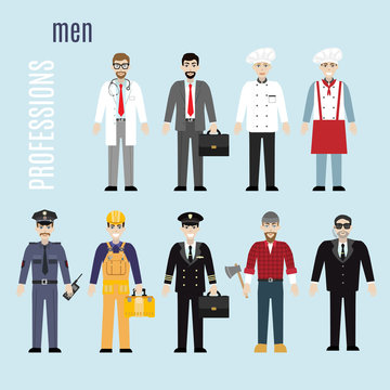 Set of different man professionals. Cartoon vector characters. Police officer, business man, medical doctor, cook, baker, pilot, builder, lumberjack, security guard. 