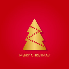 gold Christmas tree with red stars, isolated vector on red backgound