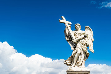 Beautiful angel with Cross in the Bridge of Saint Angelo Castle, Rome - obrazy, fototapety, plakaty