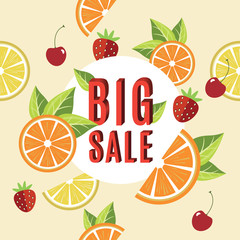 Big sale banner or poster. Three dimentional headline. Colorful sliced fruit seamless pattern background. Vectort illustration.