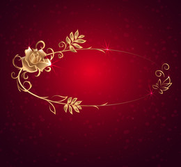 Oval banner with gold. Rose, glossy label on a dark red background,