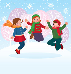 Group of children playing in the snow in the winter/Stock vector illustration of a group of children jumping and playing in the snow in the winter