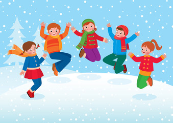 Group of kids playing in the winter outdoors/Stock vector illustration of group of kids boys and girls playing in winter outdoors