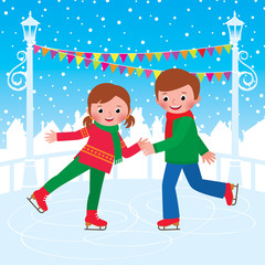 Children are skating on the ice rink/Stock vector illustration of Children skating at the ice rink