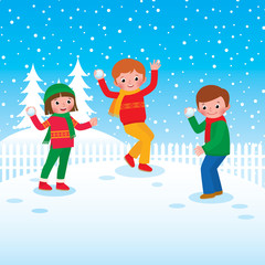 Fototapeta premium Group of children playing snowballs/Cartoon vector illustration of winter fun group of children playing snowballs