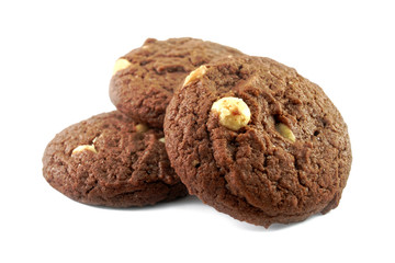 Dark chocolate cookies and white chocolate chip on white background