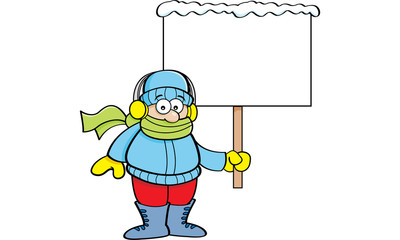 Cartoon illustration of a boy in winter clothing holding a sign.