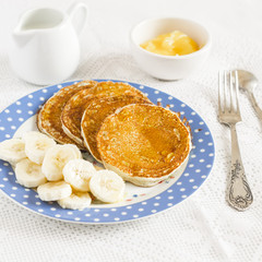 Banana pancake. Healthy and delicious breakfast. On a light surface
