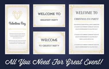 Great Style Invitation in Art Deco or Nouveau Epoch 1920's Gangster Empire or Boardwalk Era Vector Set for Main Event