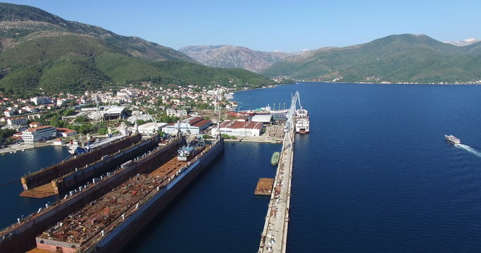 Aerial view of large floating dry dock for ship repairs