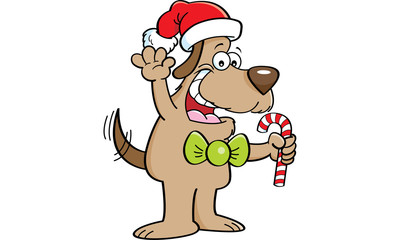 Cartoon illustration of a dog holding a candy cane.