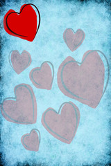 red hearts on light blue paper background - vertical
