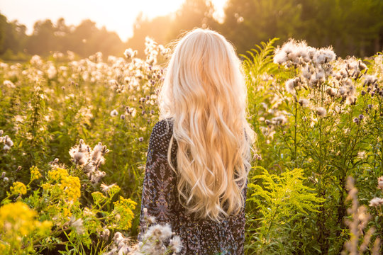 Long haired blond woman turned back on sunset meadow