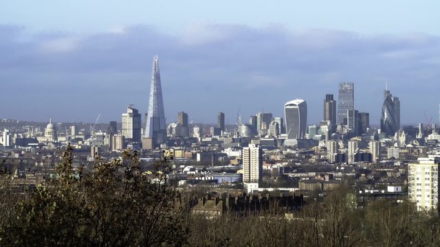 Timelapse aerial view of the skyline of the City of London from South London