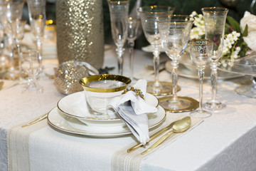 Festive Banquet table with dishes. The table is set for dinner. 