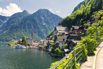 Fototapeta premium View on Hallstatt village in sunlight, Austria