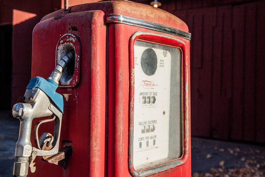 Vintage, red, gas or petrol pump; memory of road trips