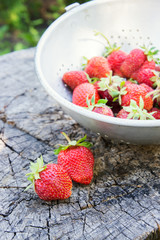 Fresh strawberry on wooden stump